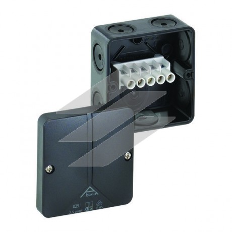 Розподільча коробка Aboх-i 025-2.5² (80х80х52мм), клема 5х2.5мм² (4х1.5²-4х2.5²/на кожний полюс), полікарбонат, 8 метричних вводів (7-М20, 1-М20 на днищі), IP65 чорна, Spelsberg
